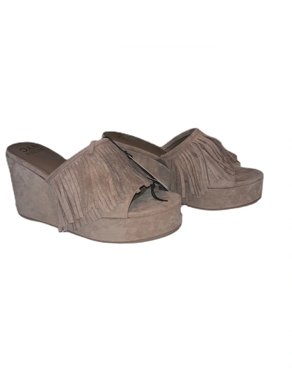 Madden NYC Fringe Wedge Slide Sandals Taupe Faux Suede Platform Size 9 NWT
